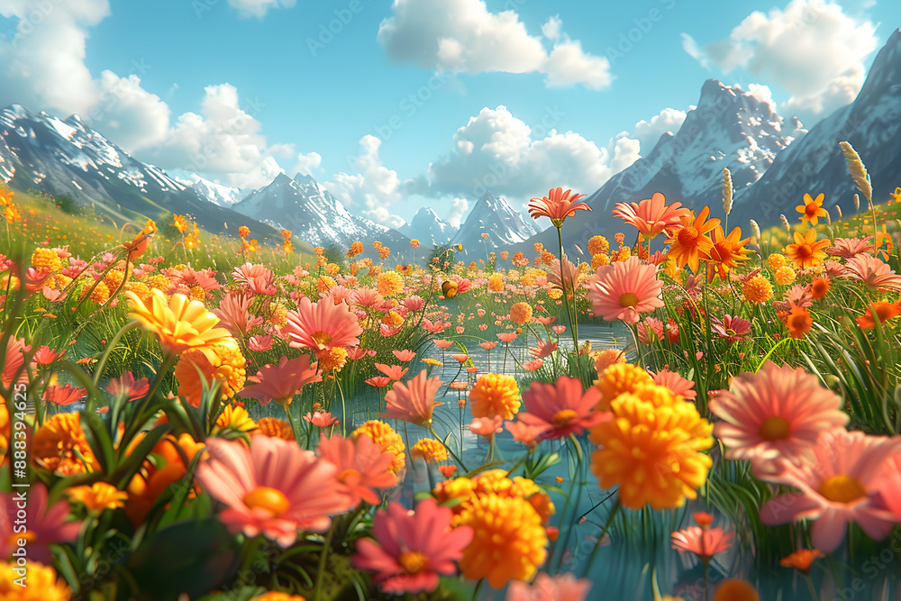 Idyllic and sunny animated world with vibrant blue sky and colorful flowers. Idyllic and sunny animated world with vibrant blue sky and colorful flowers.