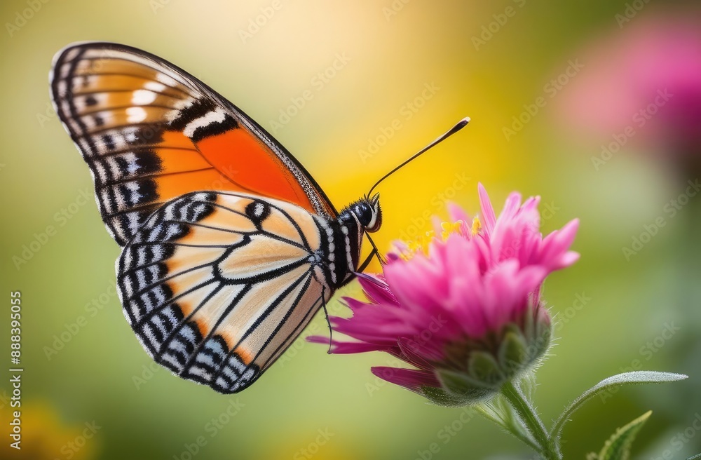 A macro shot of a butterfly perched on a flower, with intricate details of its wings and the delicate petals in focus A macro shot of a butterfly perched on a flower, with intricate details of its wings and the delicate petals in focus