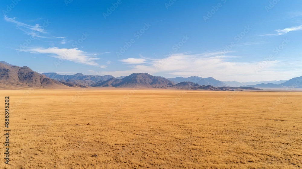 Expansive desert landscape with distant mountains under a clear blue sky, showcasing the beauty of untouched natural terrain.