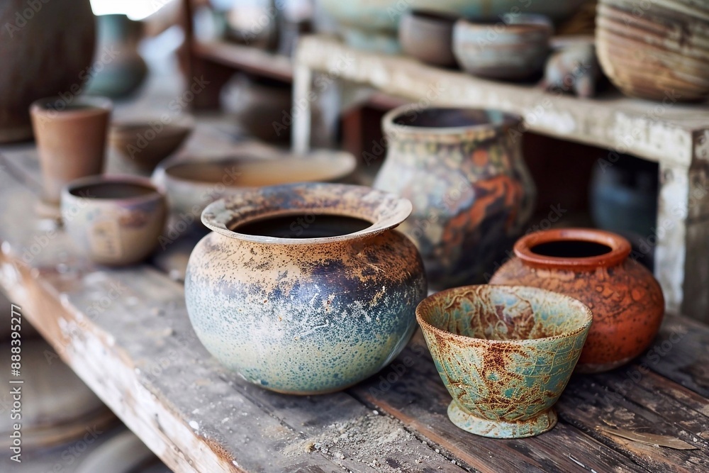 Clay pots and cups on a table in a pottery workshop Clay pots and cups on a table in a pottery workshop