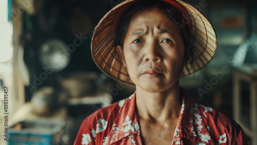 Asian female farmer looking at the subject with a serious or sad expression