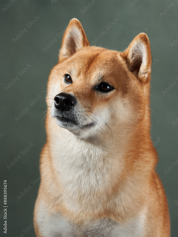 A poised Shiba Inu dog sits attentively against a muted backdrop, radiating elegance and alertness A poised Shiba Inu dog sits attentively against a muted backdrop, radiating elegance and alertness