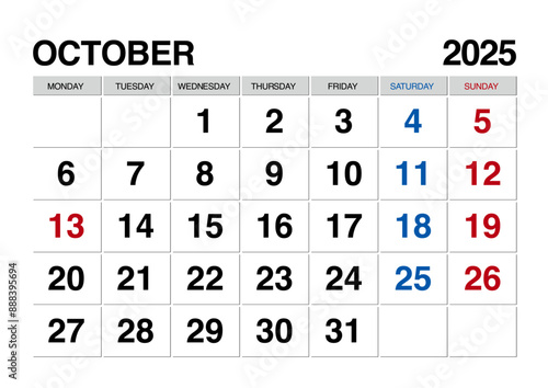 2025年10月のカレンダー日曜始まり日本の祝日表記有り
