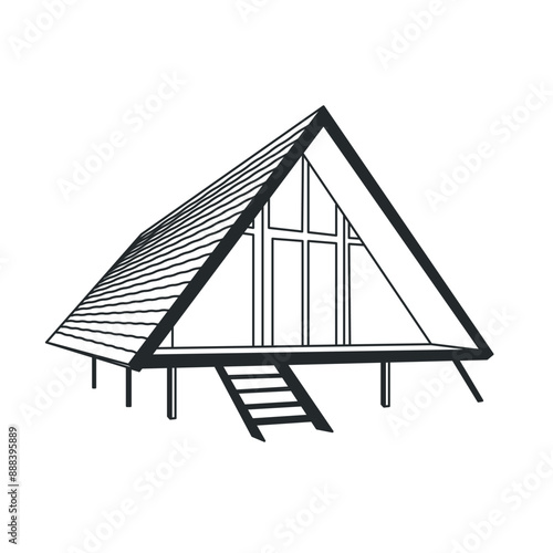 A-frame house. Doodle line icon of tiny cozy home in the woods. Isolated vector illustration. Outline drawing.