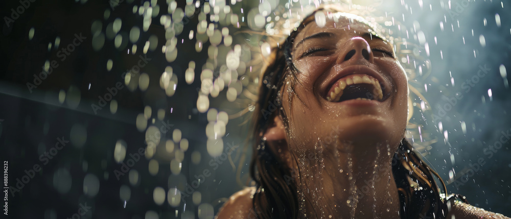 Fototapeta premium A close-up of an ecstatic woman laughing and thoroughly enjoying a rain shower, with water droplets sparkling around her, capturing a moment of pure joy.