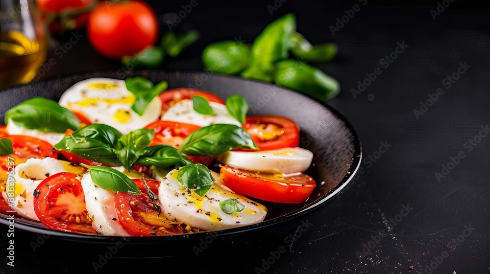 Fresh Caprese salad with tomatoes, mozzarella, basil, and olive oil in a black bowl on a dark background. Fresh Caprese salad with tomatoes, mozzarella, basil, and olive oil in a black bowl on a dark background.
