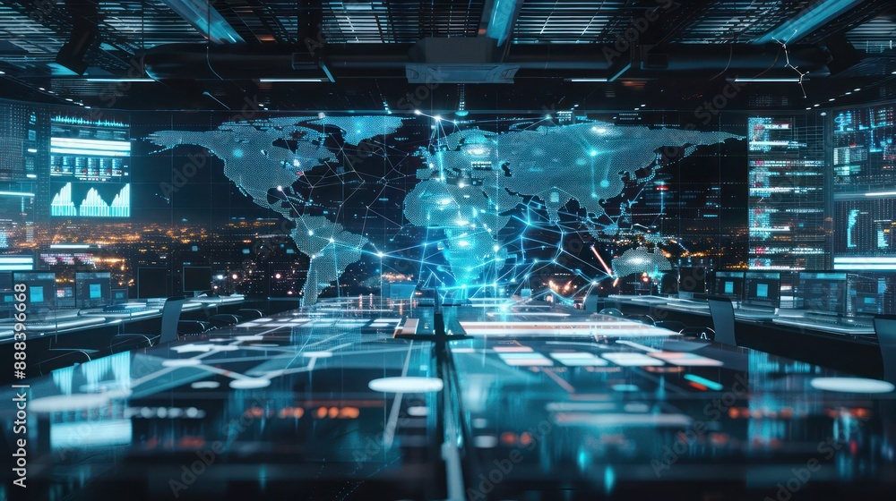 high-tech image of a global investment strategy session, visualized as a command center with maps and digital connections highlighting global markets high-tech image of a global investment strategy session, visualized as a command center with maps and digital connections highlighting global markets