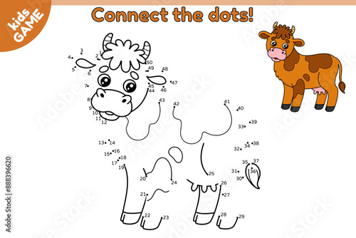 Dot to dot kids game with farm cow. Connect the dots by numbers, draw a cartoon cow and color it. Educational puzzle for preschool and school children. Vector baby illustration of farm animal.