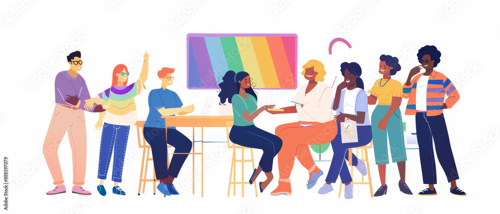 A diverse group of people engage in lively discussion, seated and standing, set against a background with a rainbow flag painting. A diverse group of people engage in lively discussion, seated and standing, set against a background with a rainbow flag painting.