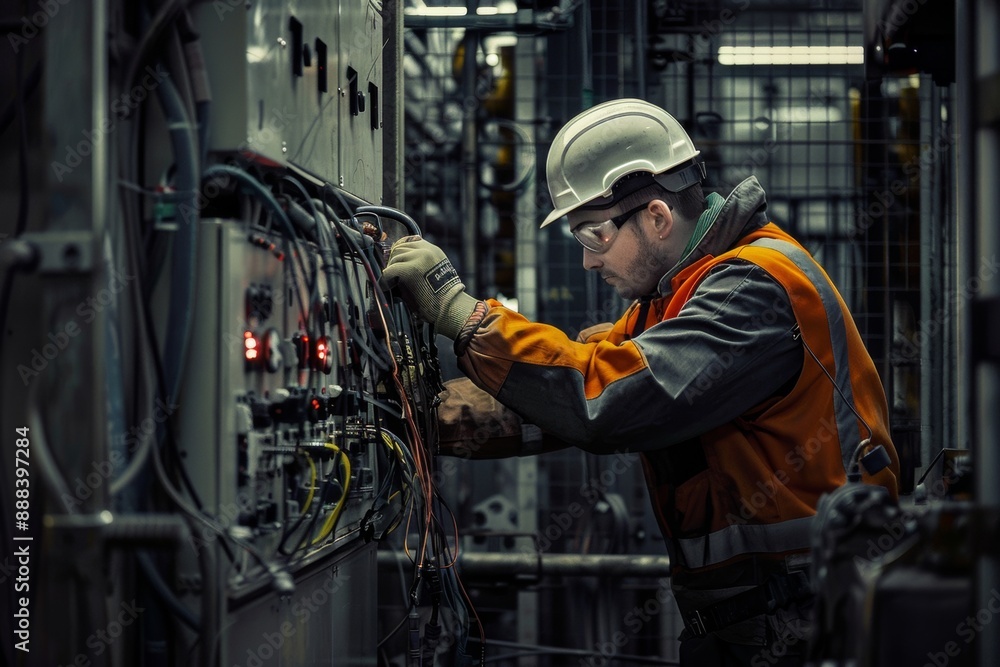 Electrician in protective gear working on electrical panel in industrial setting, focus, hardwork concept Electrician in protective gear working on electrical panel in industrial setting, focus, hardwork concept