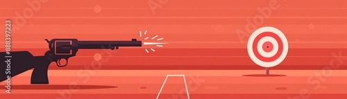 Graphic illustration of a pistol firing at a target with a bullseye, set against a red background, emphasizing shooting accuracy.