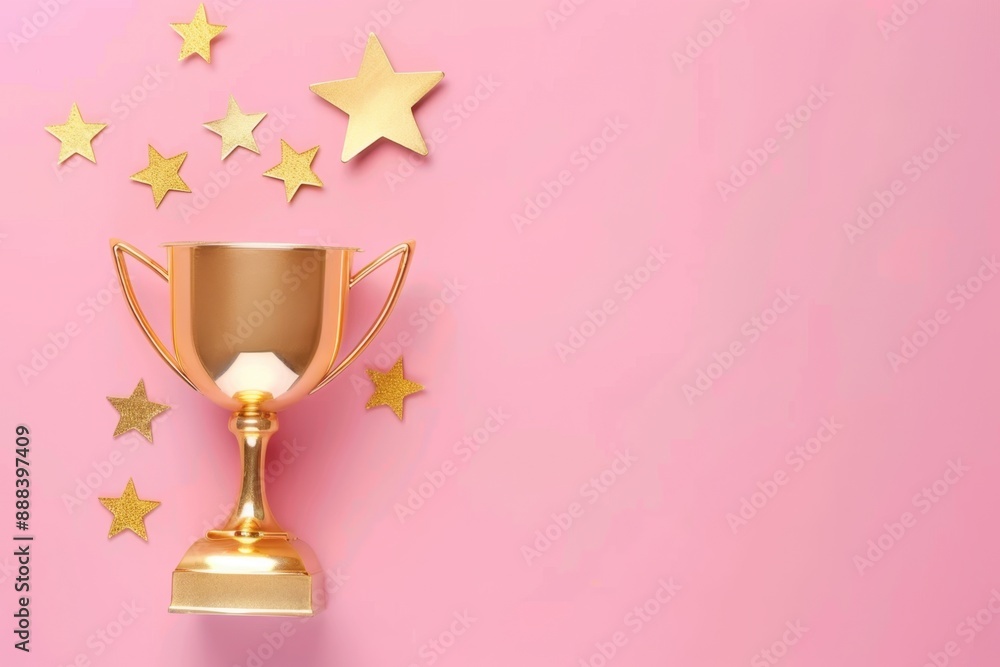 A golden trophy with stars on it, against pastel pink background Generative AI A golden trophy with stars on it, against pastel pink background Generative AI
