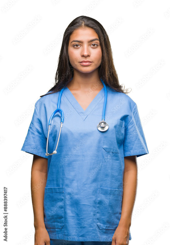 Young arab doctor surgeon woman over isolated background with serious expression on face. Simple and natural looking at the camera. Young arab doctor surgeon woman over isolated background with serious expression on face. Simple and natural looking at the camera.