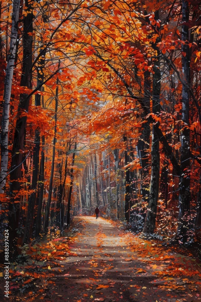 Obraz premium Person walking on a path surrounded by vibrant fall foliage