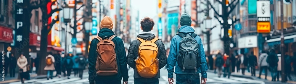 Group of three friends with backpacks walking in busy urban street filled with people, shops, and vibrant lights Group of three friends with backpacks walking in busy urban street filled with people, shops, and vibrant lights