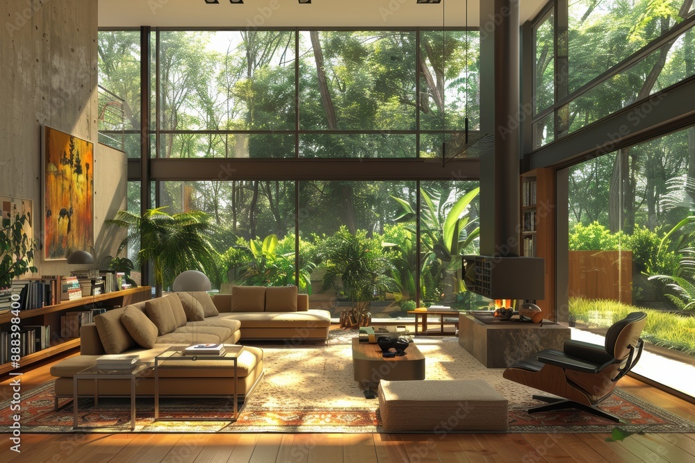 Spacious living room with large windows overlooking nature Spacious living room with large windows overlooking nature