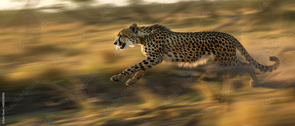 Obraz premium A cheetah in full sprint captured mid-leap, with a blurred natural background indicating high speed.