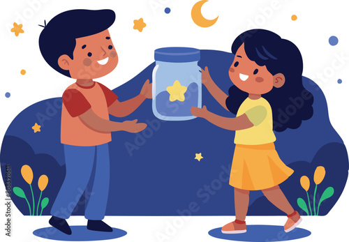 Kids catching fireflies in a jar at night