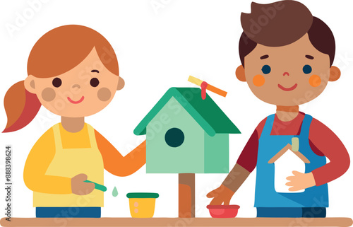 Kids painting a birdhouse together