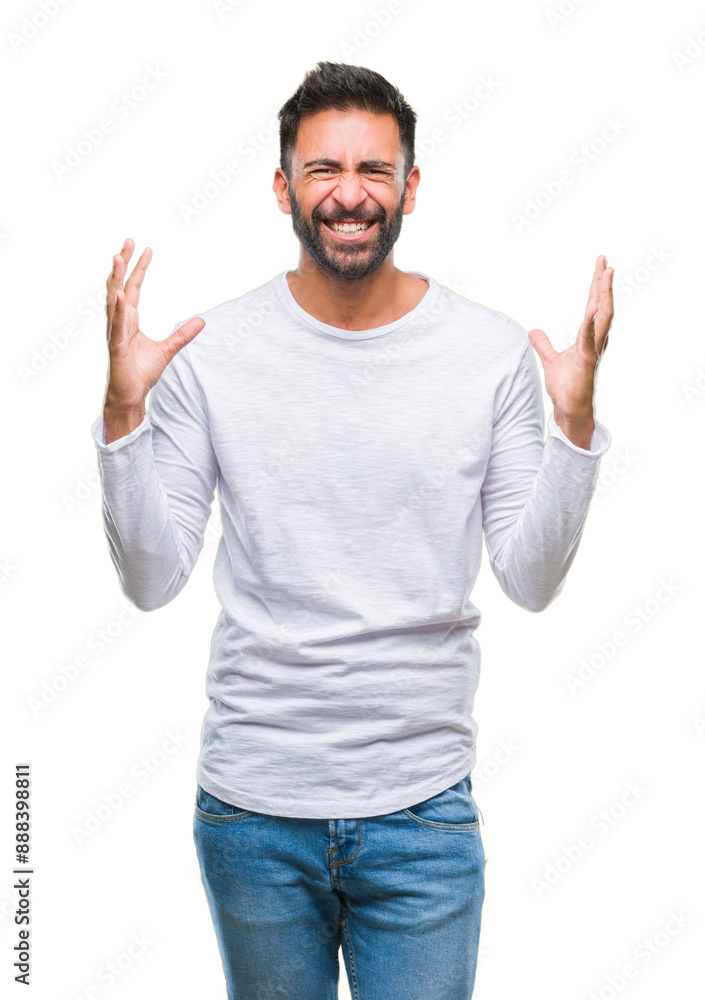 Adult hispanic man over isolated background crazy and mad shouting and yelling with aggressive expression and arms raised. Frustration concept. Adult hispanic man over isolated background crazy and mad shouting and yelling with aggressive expression and arms raised. Frustration concept.
