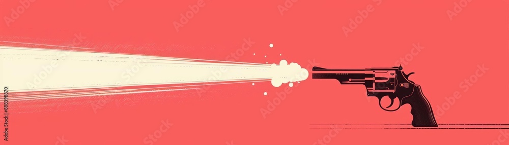 Obraz premium Illustration of a firing revolver with a bright flash and smoke against a red background, representing action and intensity.