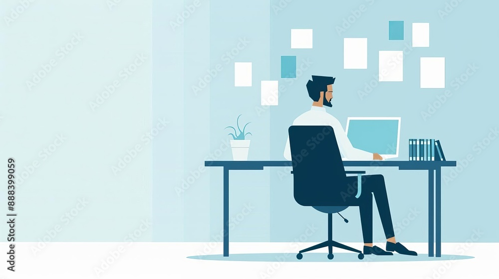 Illustration of a man working at a desk in a modern, minimalist office setting, showcasing productivity and professional environment. Illustration of a man working at a desk in a modern, minimalist office setting, showcasing productivity and professional environment.