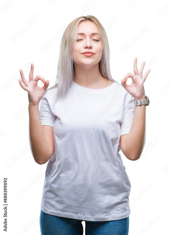 Young blonde woman over isolated background relax and smiling with eyes closed doing meditation gesture with fingers. Yoga concept. Young blonde woman over isolated background relax and smiling with eyes closed doing meditation gesture with fingers. Yoga concept.