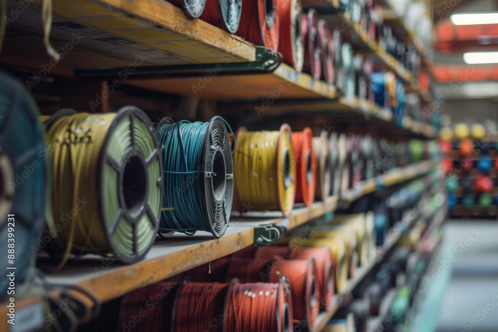 Colorful cables arranged on shelves in a warehouse room cable, concept Colorful cables arranged on shelves in a warehouse room cable, concept