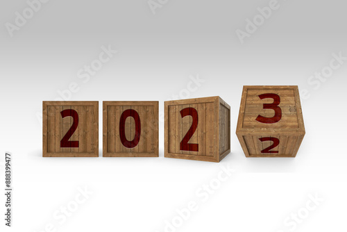 Happy New Year 2023 graphic. Hand flip 2022 to 2023 block.