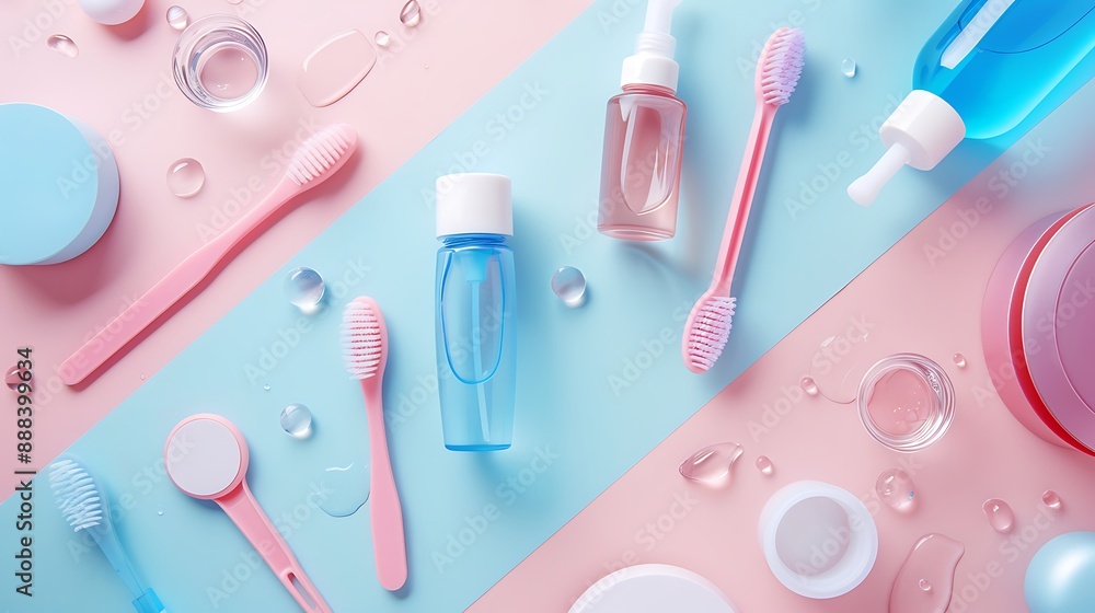 Flat lay composition with tongue cleaners and teeth care products on light pink and blue background Flat lay composition with tongue cleaners and teeth care products on light pink and blue background