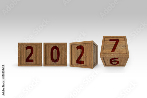 Happy New Year 2027 graphic. Hand flip 2026 to 2027 block.