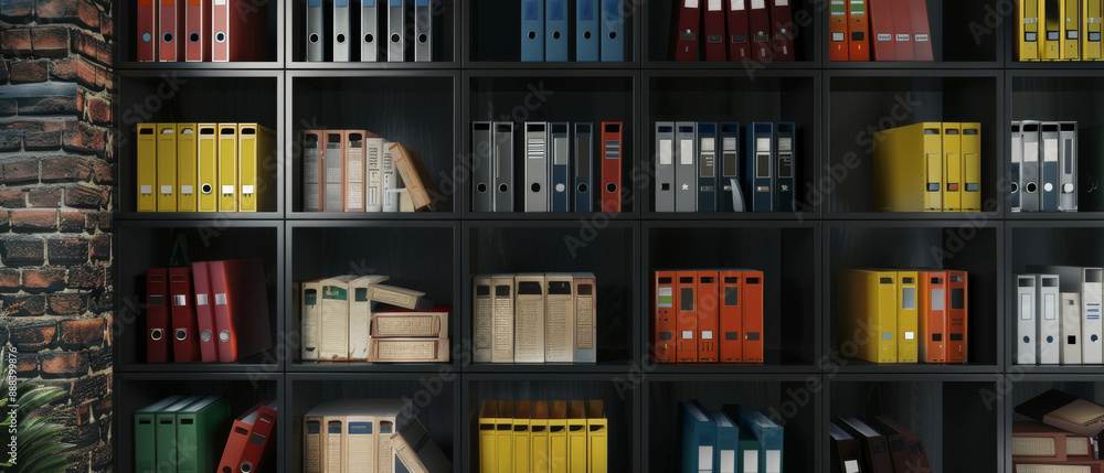 Colorful binders and books are meticulously arranged on dark shelves, emphasizing a well-organized and professional setting. Colorful binders and books are meticulously arranged on dark shelves, emphasizing a well-organized and professional setting.