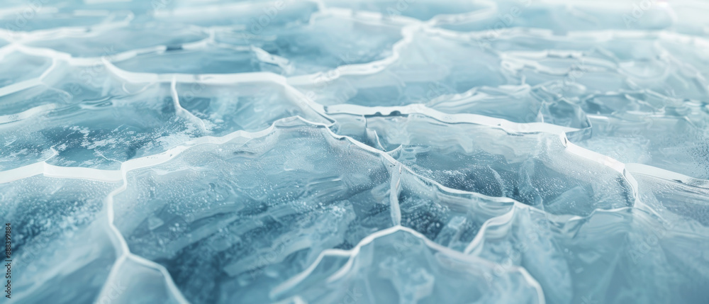 Obraz premium Shattered icy surface revealing cracks and frosty patterns, creating a mesmerizing and intricate winter texture.