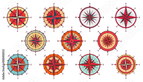 Vintage marine wind rose, nautical chart. Colorful navigational compass with cardinal directions of North, East, South, West. Geographical position, cartography and navigation. Vector illustration
