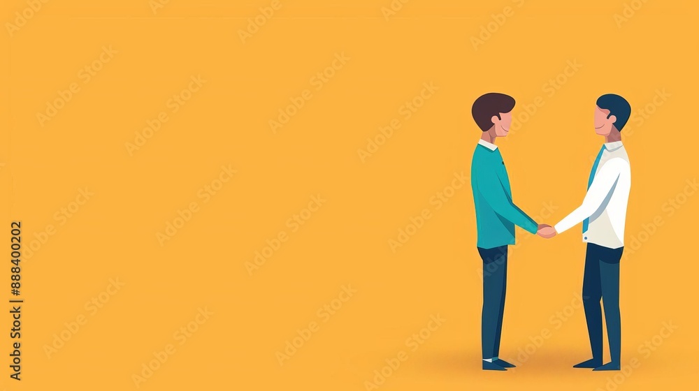 Illustration of two business people shaking hands on yellow background, representing partnership and agreement. Illustration of two business people shaking hands on yellow background, representing partnership and agreement.