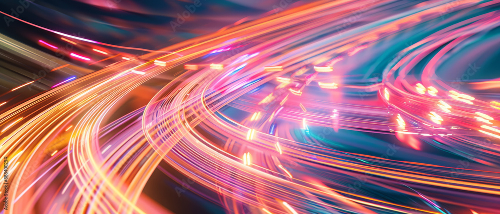 Obraz premium Vibrant light trails in motion, captured with long exposure, creating a colorful, dynamic swirl of energy and movement.