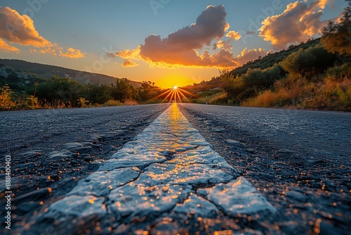 Symbolic Sunset Shot of White Arrow on Asphalt Road