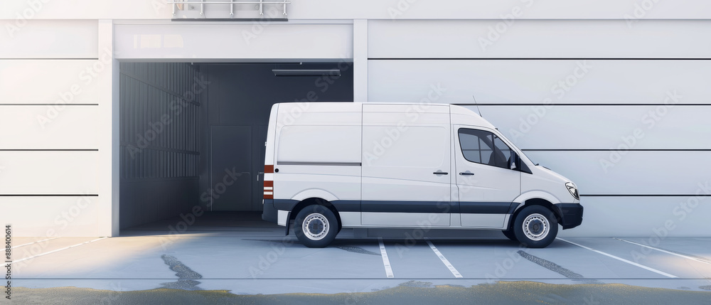 Fototapeta premium A clean, white delivery van is parked outside a minimalist white building, ready for transport or service delivery.