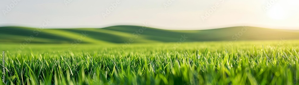 Lush green field with rolling hills under a sunny sky. Perfect for nature, landscape, and outdoor photography themes.