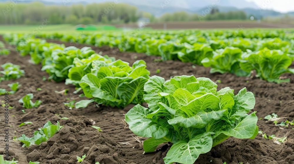 Lush green lettuce plants growing in a well-maintained, expansive field, capturing the essence of sustainable agriculture and healthy living. Lush green lettuce plants growing in a well-maintained, expansive field, capturing the essence of sustainable agriculture and healthy living.