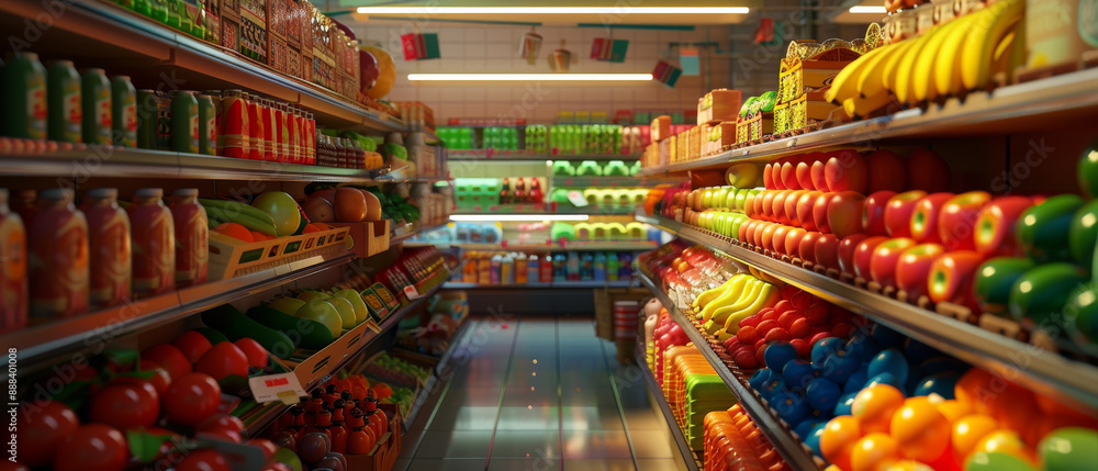 Naklejka premium A warm-lit supermarket aisle showcasing an array of vividly colored fruits and vegetables, neatly displayed and inviting.