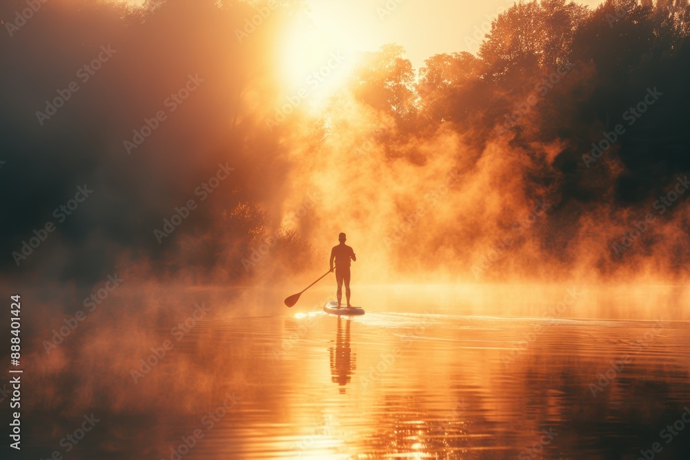 Sportsman paddleboarding at sunrise on calm lake with fog Sportsman paddleboarding at sunrise on calm lake with fog