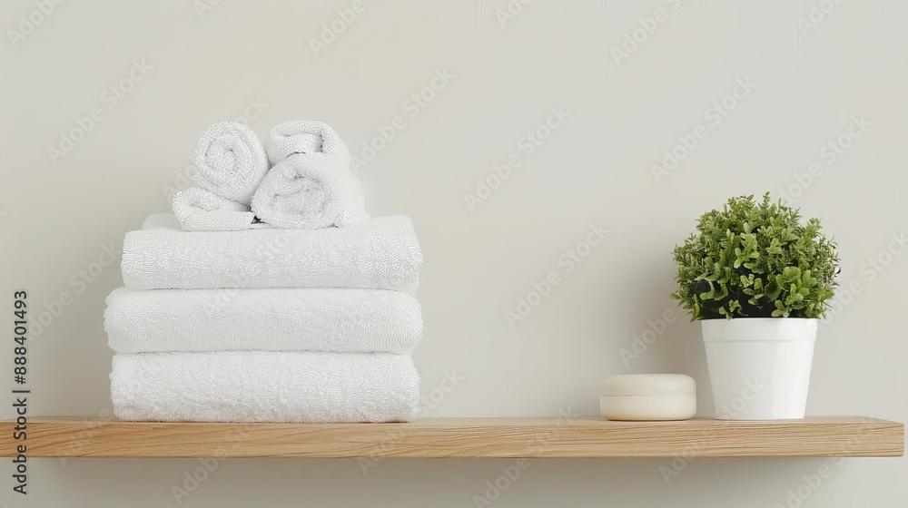 Minimalist bathroom decor with neatly stacked white towels, a potted plant, and a bar of soap on a wooden shelf against a light gray wall. Minimalist bathroom decor with neatly stacked white towels, a potted plant, and a bar of soap on a wooden shelf against a light gray wall.