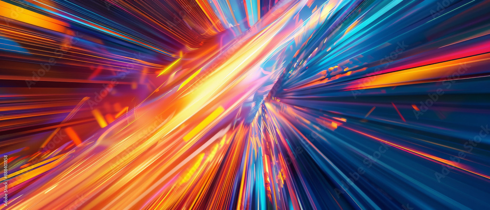 Obraz premium A vivid explosion of multicolored lines radiating from a central point, capturing a sense of speed, energy, and dynamic motion.