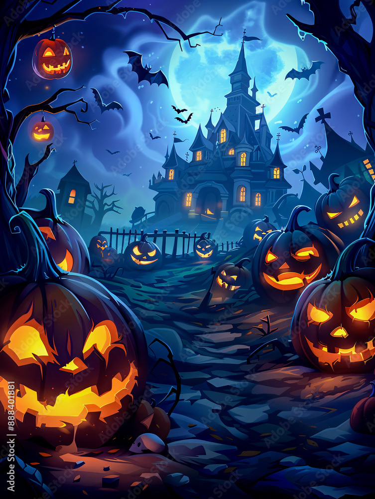 A Halloween scene with a castle and many pumpkins. Scene is spooky and eerie A Halloween scene with a castle and many pumpkins. Scene is spooky and eerie