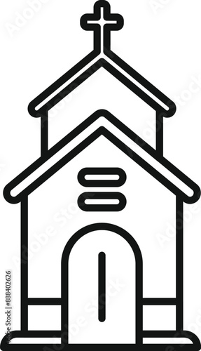 Simple line art icon of a church building representing religion, faith, and spirituality