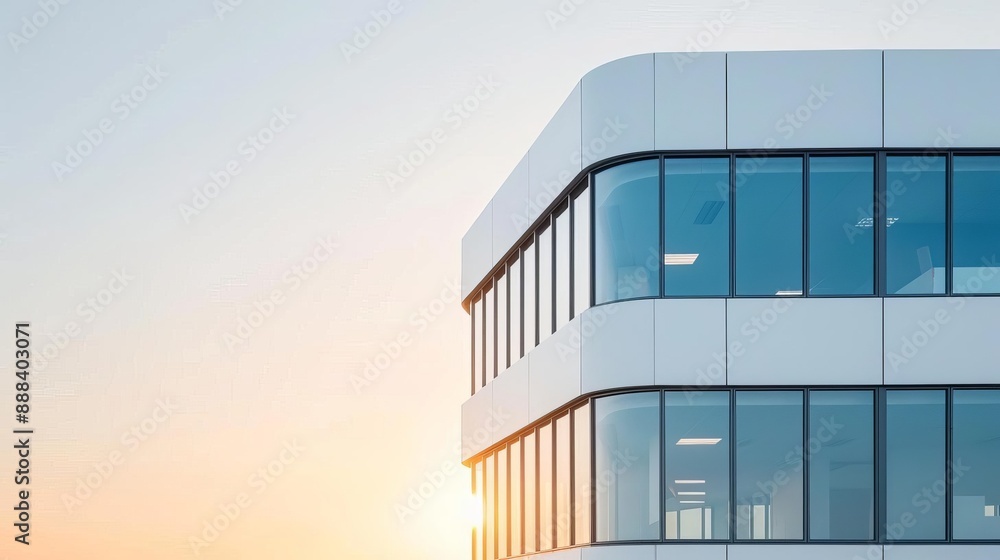 Fototapeta premium Modern office building with large glass windows reflecting the sunset, showcasing contemporary architecture and urban design.