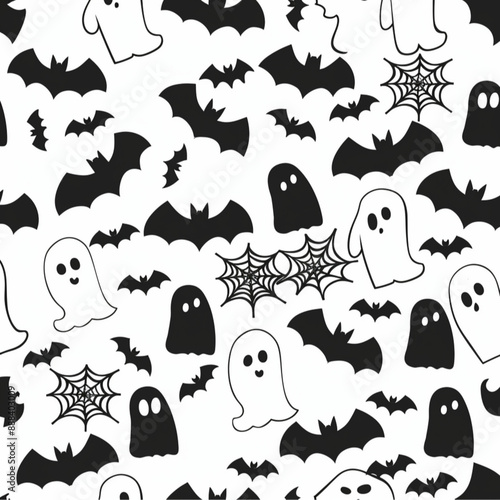 a repeating pattern for a Halloween journal cover with a minimalistic style. simple shapes and clean lines small, recognizable Halloween icons such as pumpkins, ghosts, bats, and spider webs photo