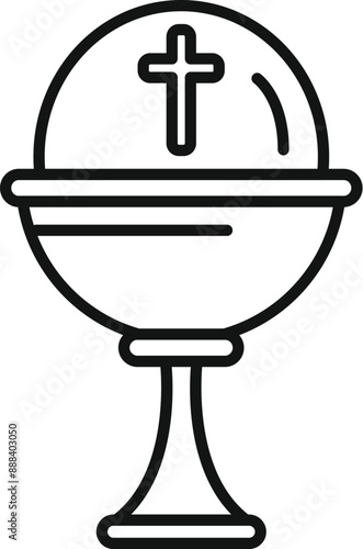 Line drawing of a catholic church chalice with a cross standing on an altar