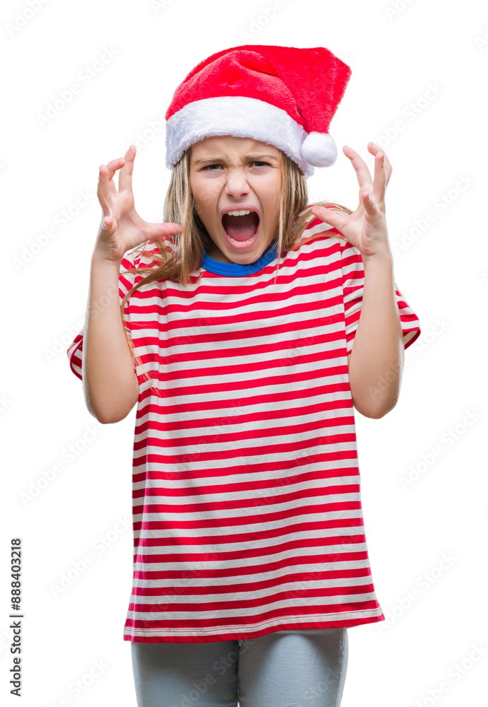 Young beautiful girl wearing christmas hat over isolated background crazy and mad shouting and yelling with aggressive expression and arms raised. Frustration concept. Young beautiful girl wearing christmas hat over isolated background crazy and mad shouting and yelling with aggressive expression and arms raised. Frustration concept.